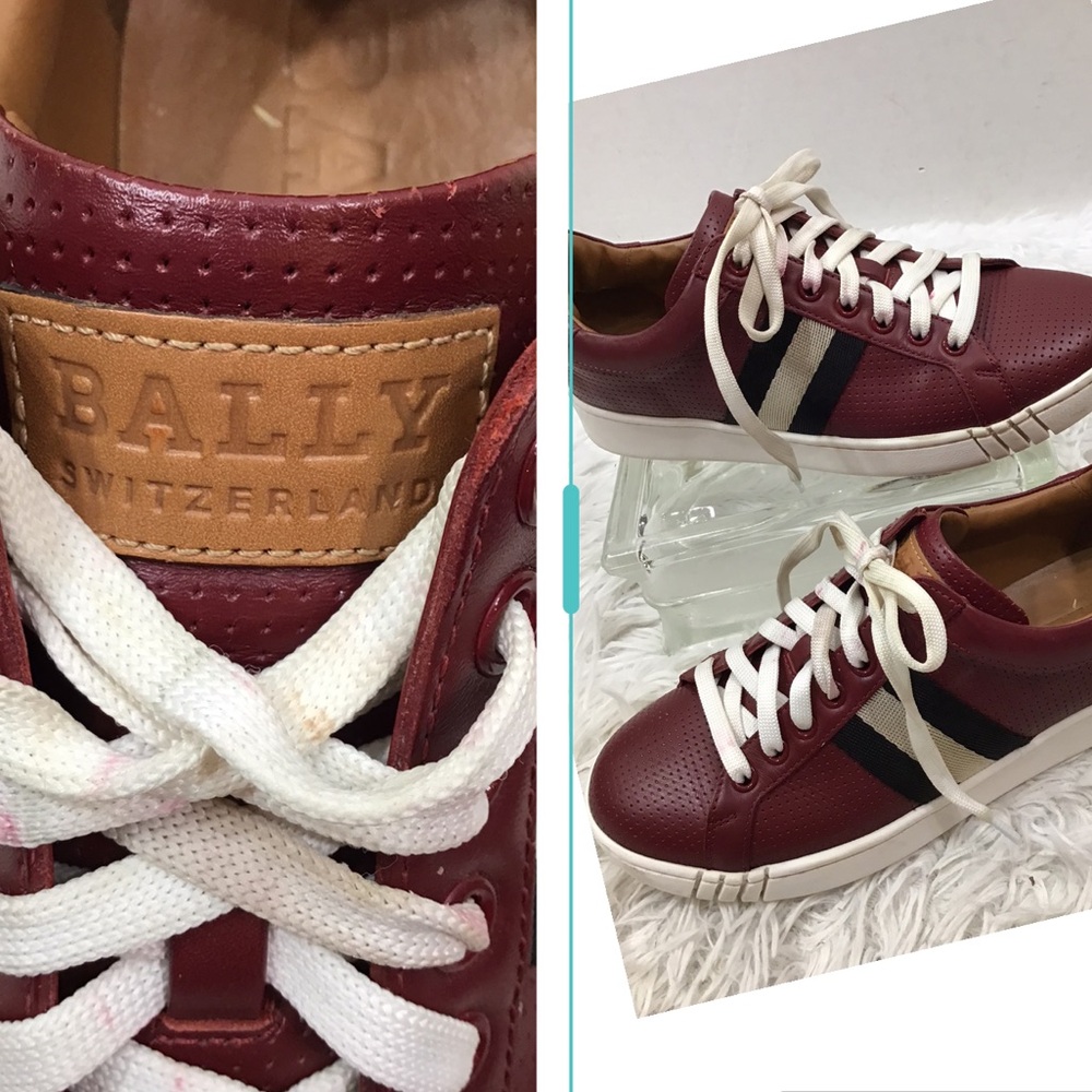 Bally maroon red leather 3 stripe lace up sneakers